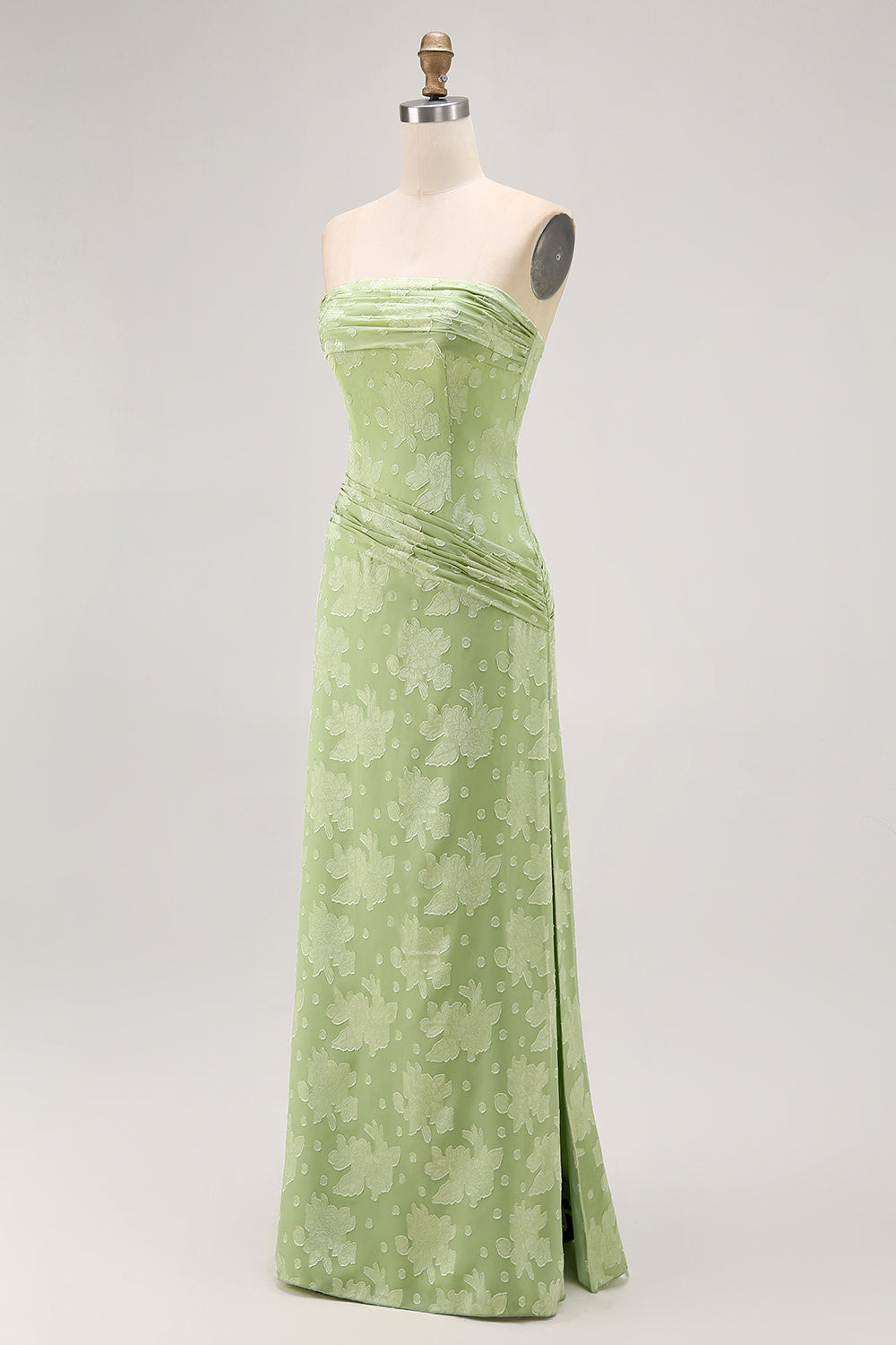 Floral Sage Green Sheath Ruched Strapless Long Wedding Guest Dress