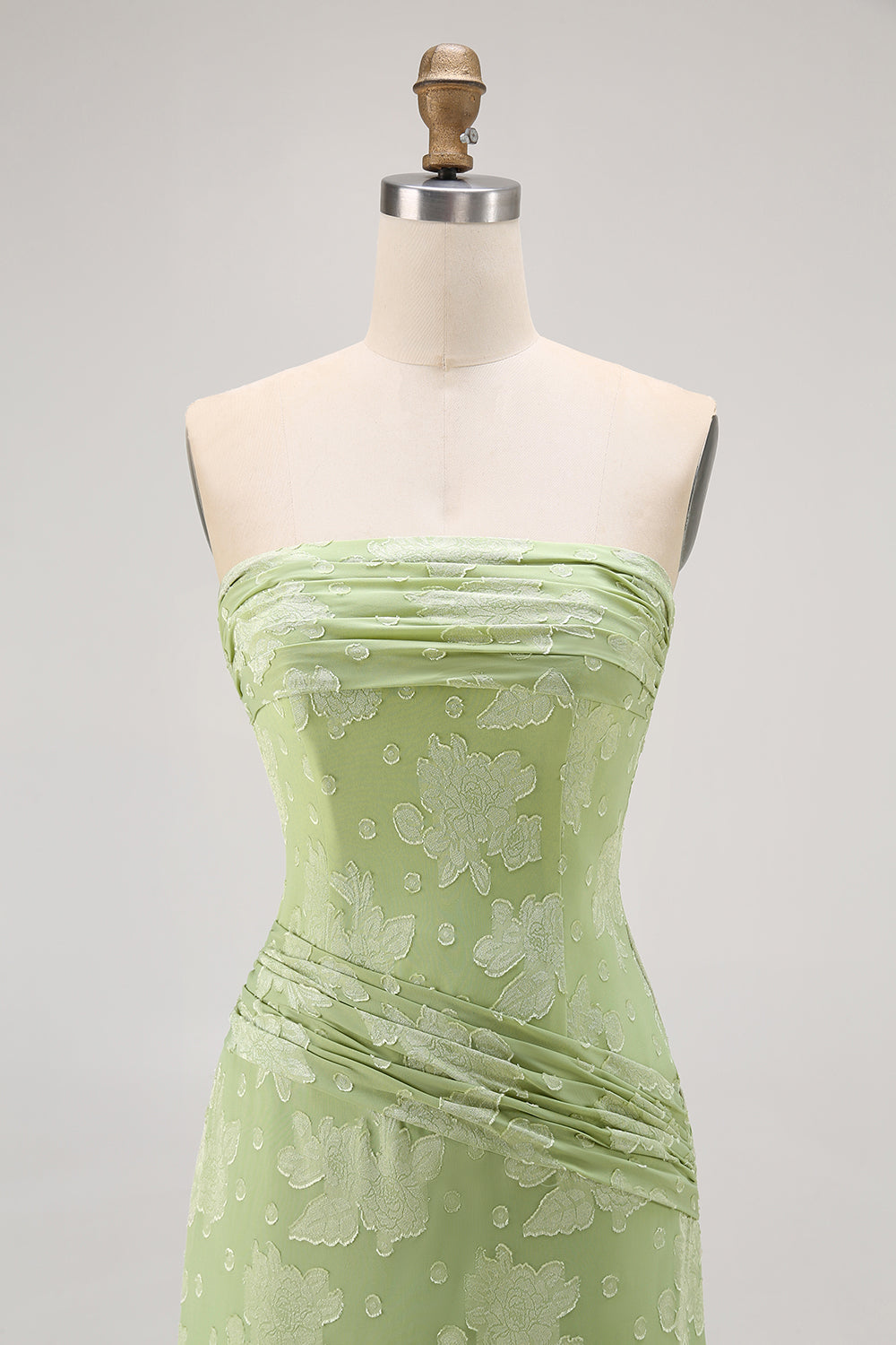 Floral Sage Green Sheath Ruched Strapless Long Wedding Guest Dress