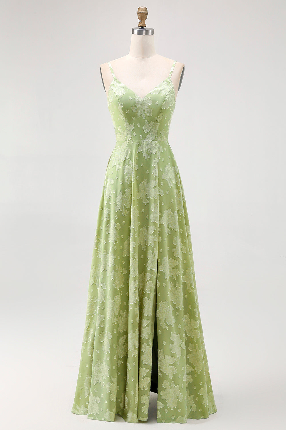 Floral Sage Green A-Line Spaghetti Straps Long Wedding Guest Dress with Slit