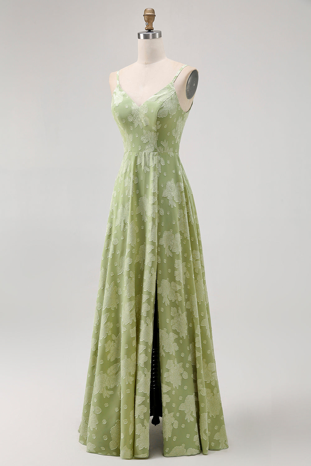 Floral Sage Green A-Line Spaghetti Straps Long Wedding Guest Dress with Slit