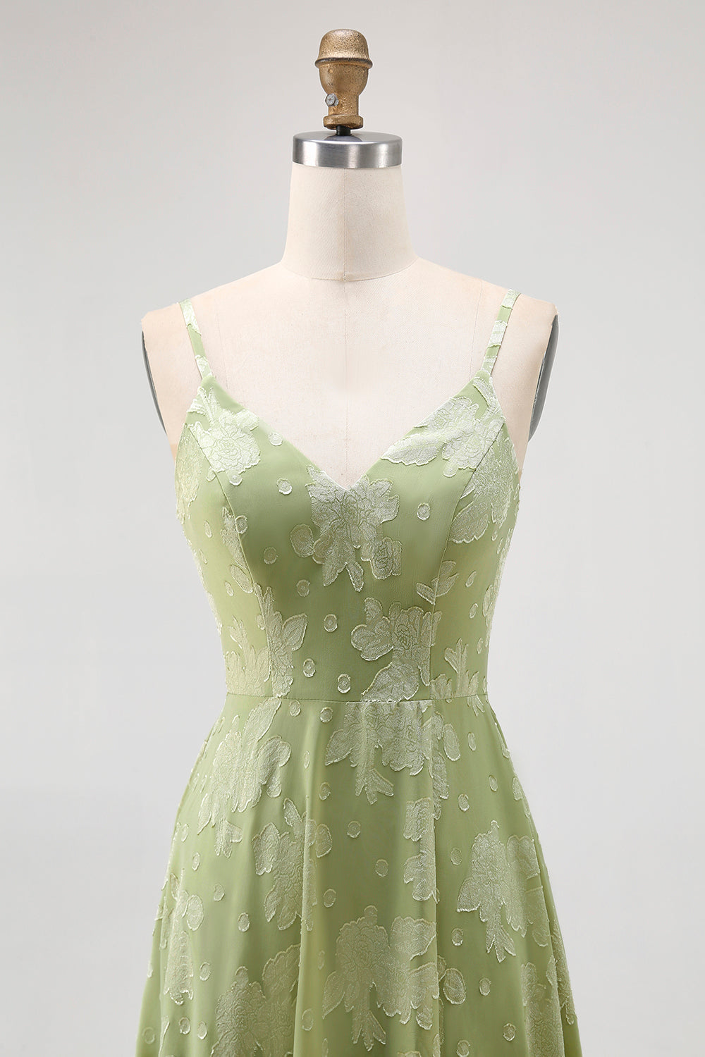 Floral Sage Green A-Line Spaghetti Straps Long Wedding Guest Dress with Slit