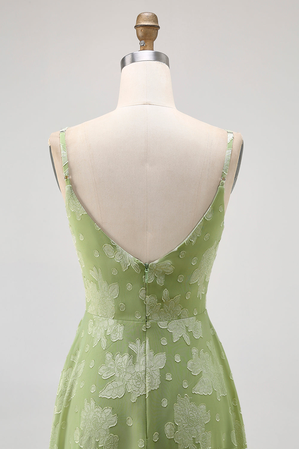 Floral Sage Green A-Line Spaghetti Straps Long Wedding Guest Dress with Slit