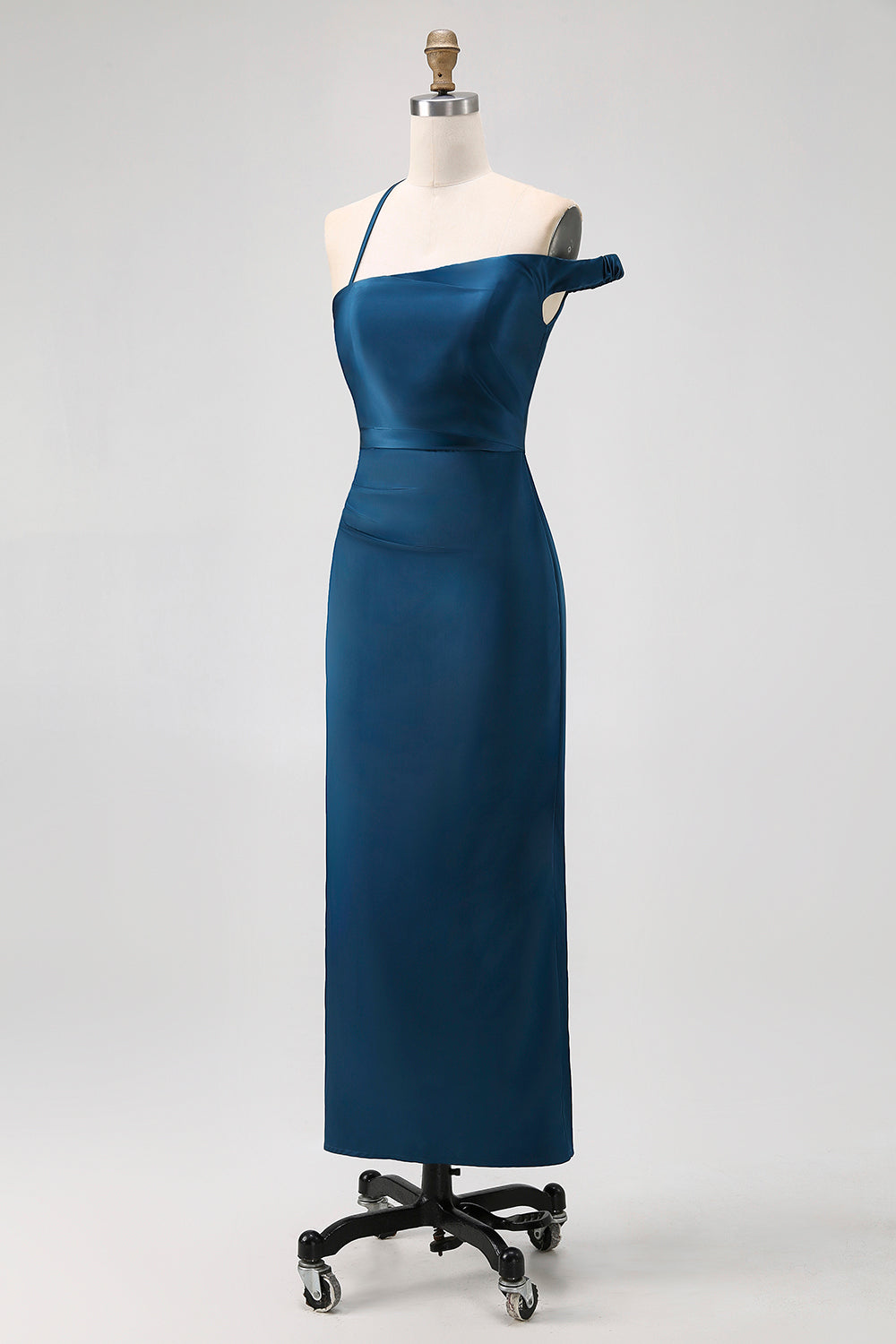 Ink Blue Satin Sheath One Shoulder Long Wedding Guest Dress