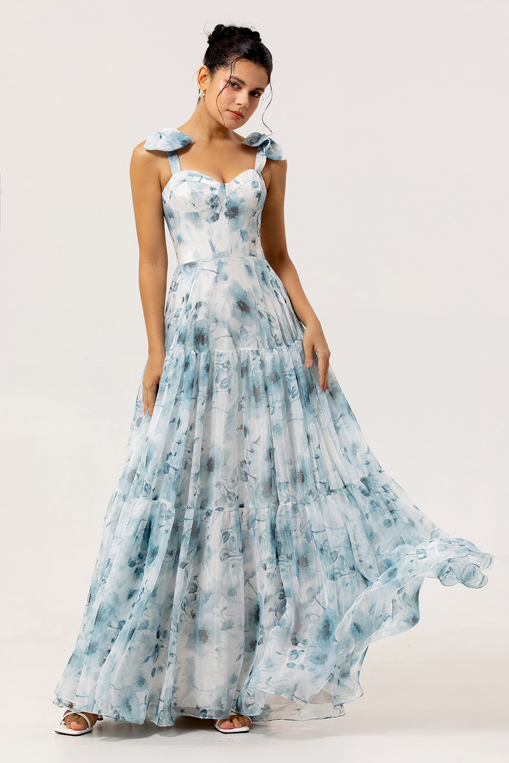 Floral Blue A Line Chiffon Long Wedding Guest Dress