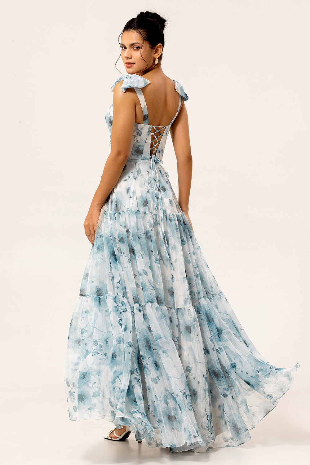 Floral Blue A Line Chiffon Long Wedding Guest Dress