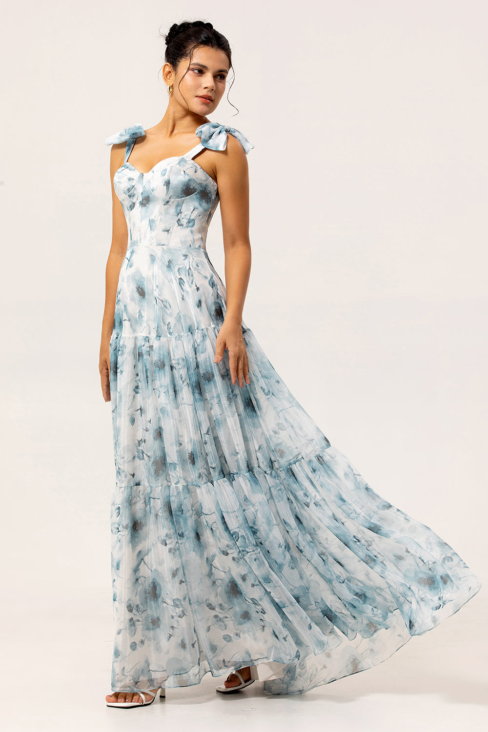 Floral Blue A Line Chiffon Long Wedding Guest Dress