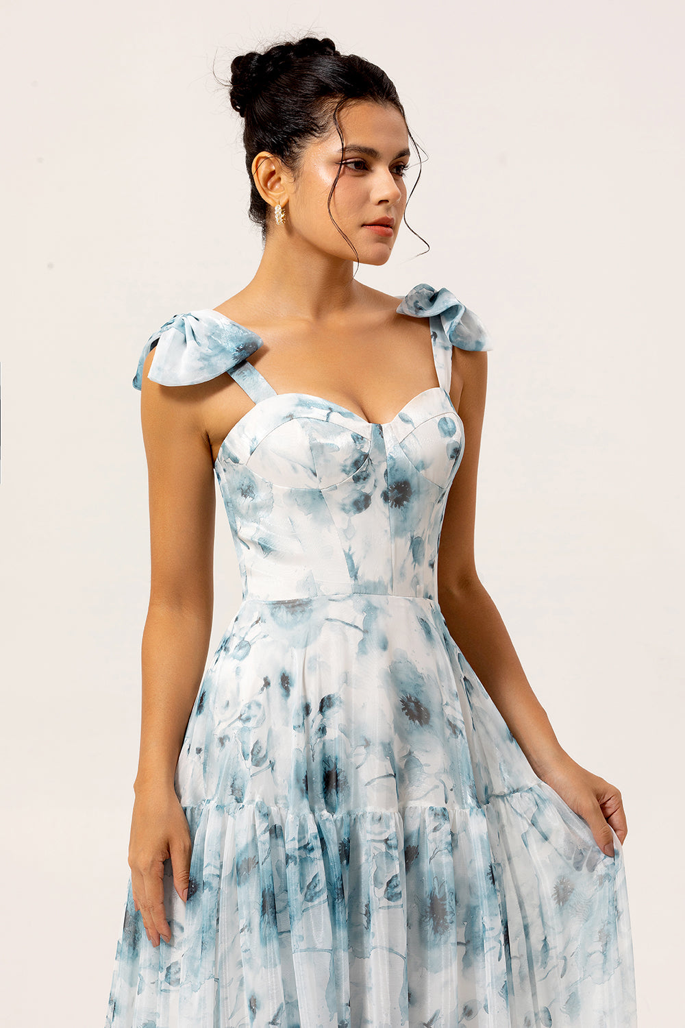 Floral Blue A Line Chiffon Long Wedding Guest Dress