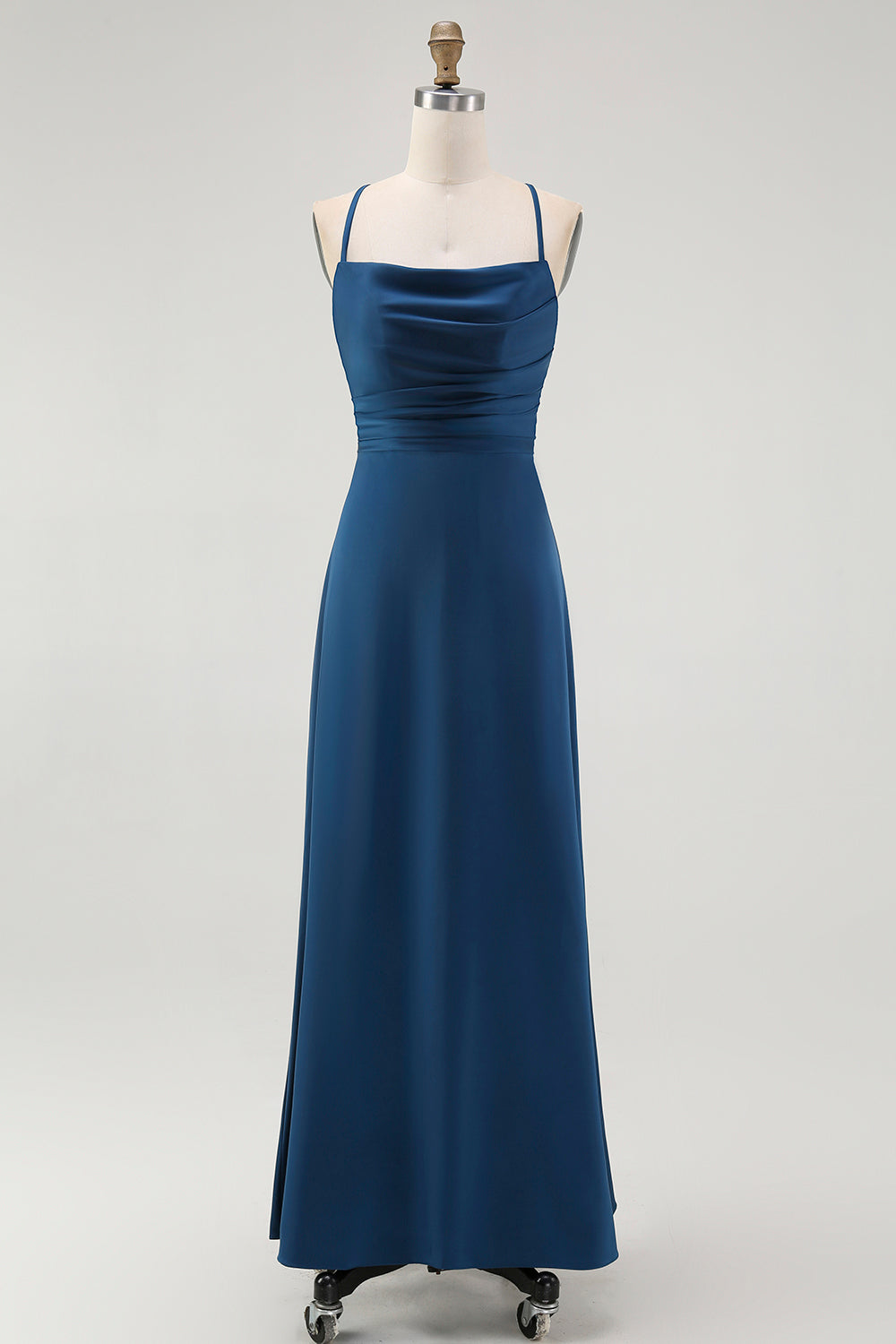 Dark Blue Satin Sheath Ruched Spaghetti Straps Long Wedding Guest Dress