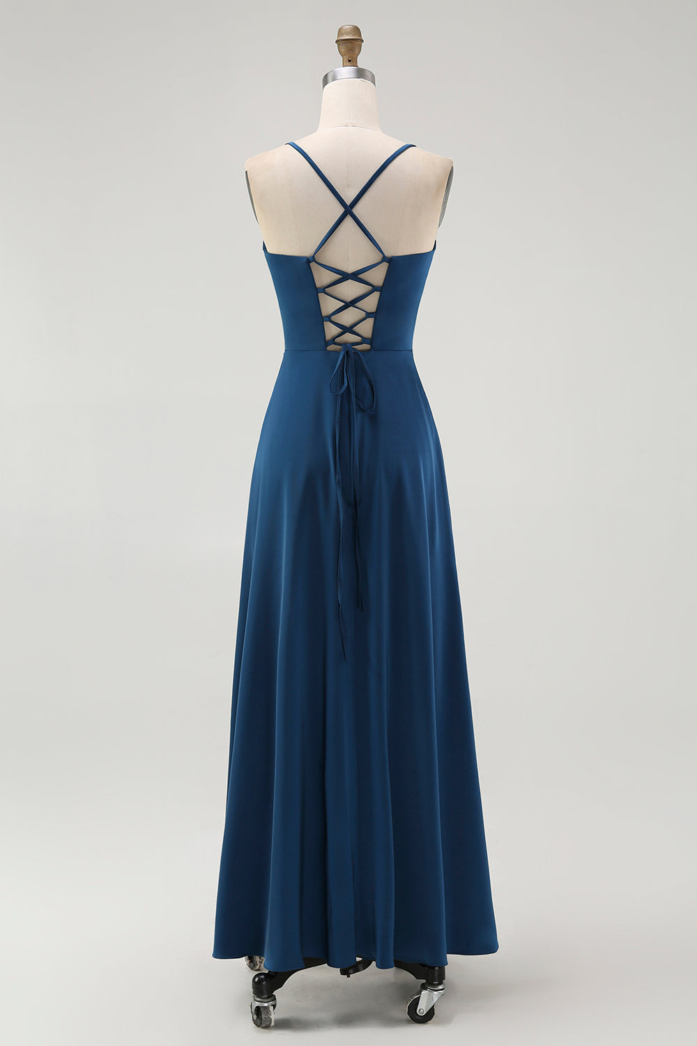 Dark Blue Satin Sheath Ruched Spaghetti Straps Long Wedding Guest Dress
