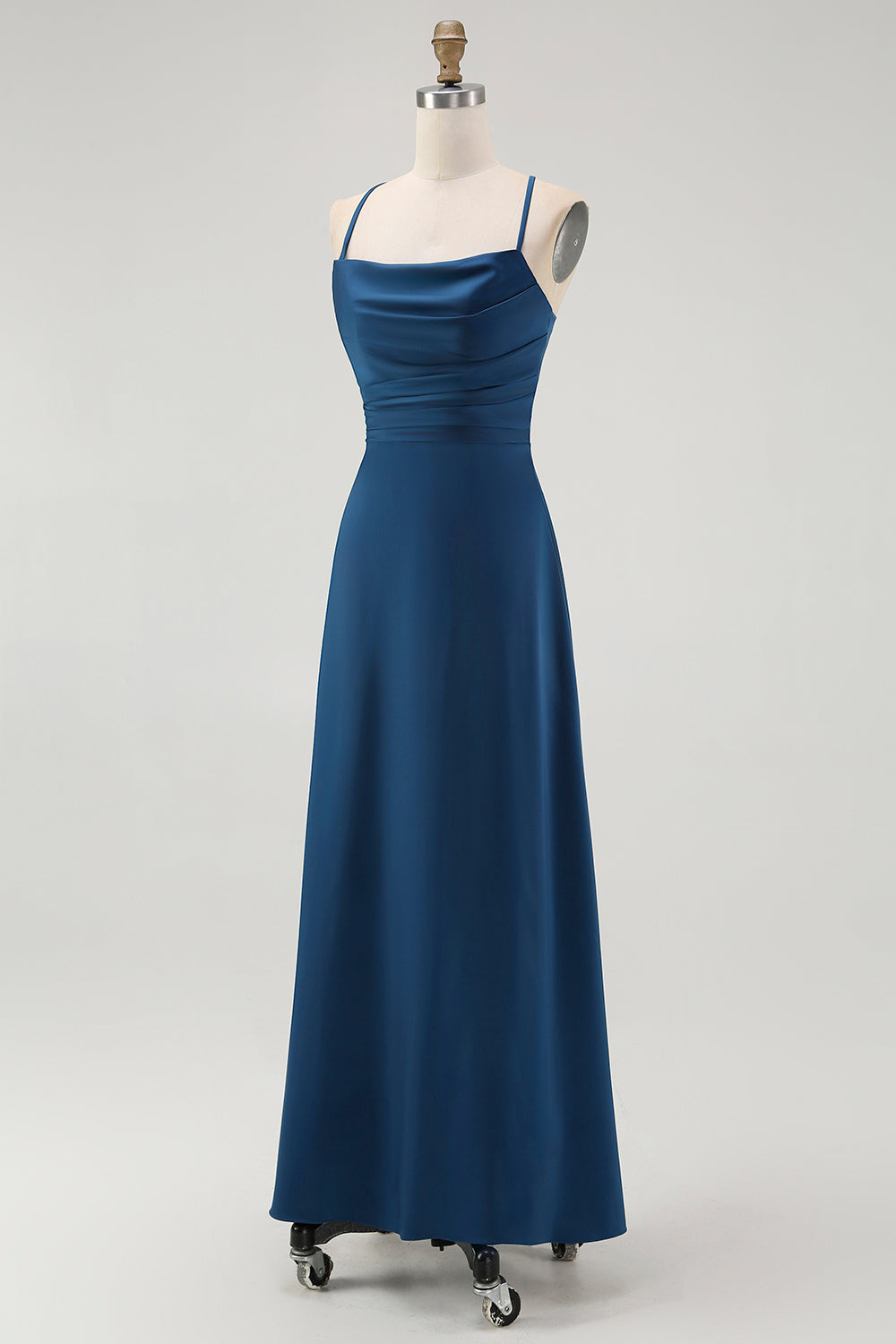 Dark Blue Satin Sheath Ruched Spaghetti Straps Long Wedding Guest Dress