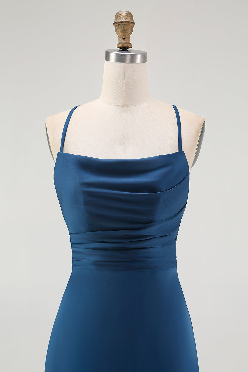 Dark Blue Satin Sheath Ruched Spaghetti Straps Long Wedding Guest Dress