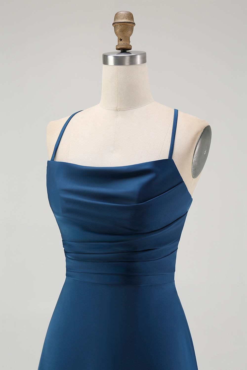 Dark Blue Satin Sheath Ruched Spaghetti Straps Long Wedding Guest Dress