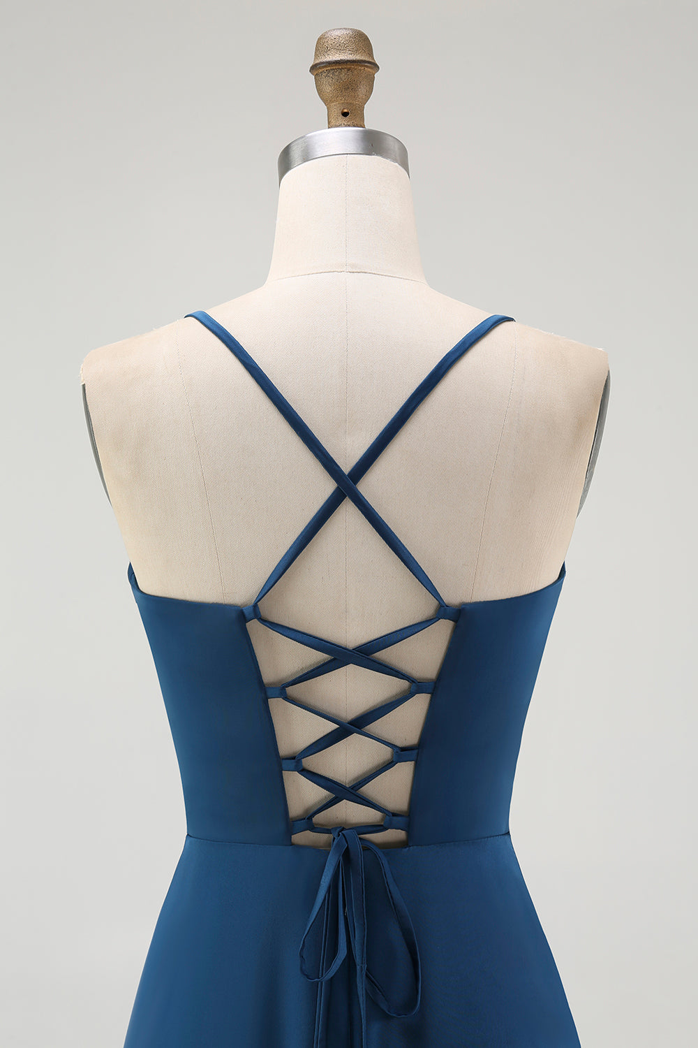 Dark Blue Satin Sheath Ruched Spaghetti Straps Long Wedding Guest Dress
