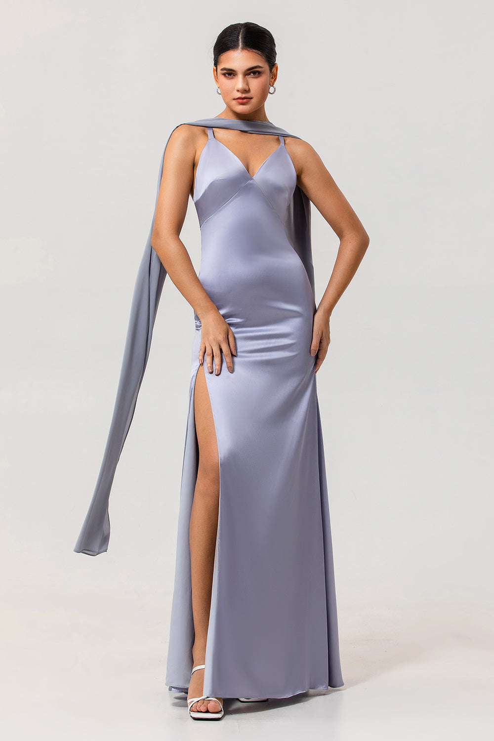 Elegant Dusty Blue V-Neck Satin Maxi Wedding Guest Dress with Slit