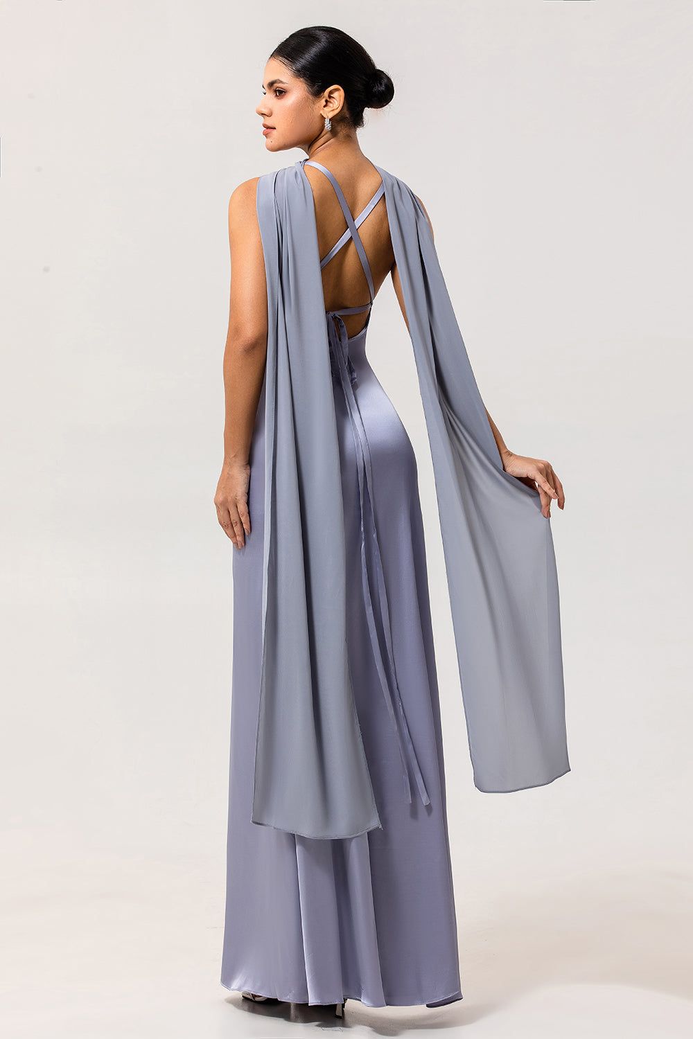 Elegant Dusty Blue V-Neck Satin Maxi Wedding Guest Dress with Slit