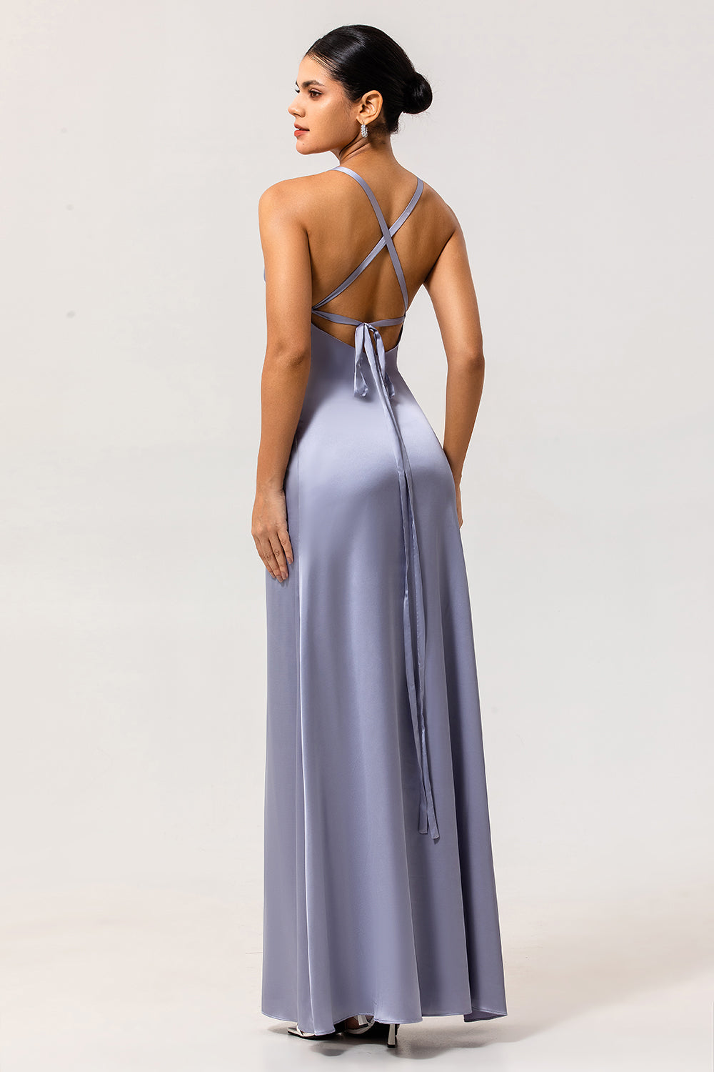 Elegant Dusty Blue V-Neck Satin Maxi Wedding Guest Dress with Slit