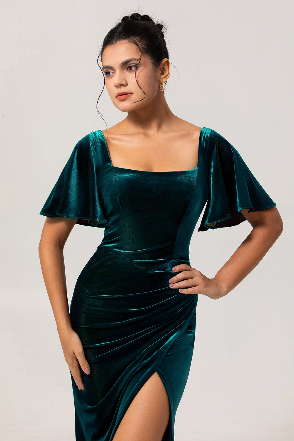 Peacock Green Velvet Scoop Long Wedding Guest Dress with Sleeves