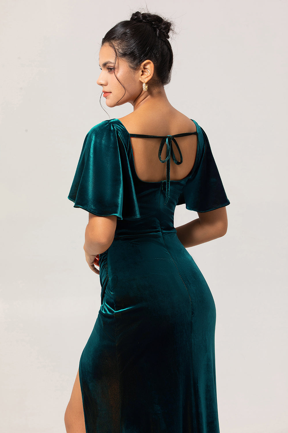 Peacock Green Velvet Scoop Long Wedding Guest Dress with Sleeves