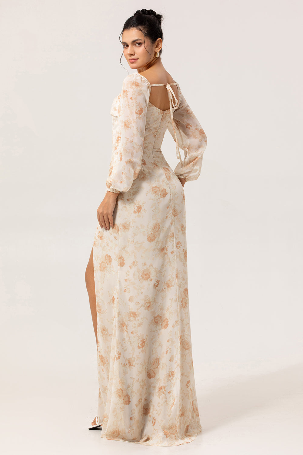 Floral Yellow Corset Sheath Long Wedding Guest Dress with Sleeves