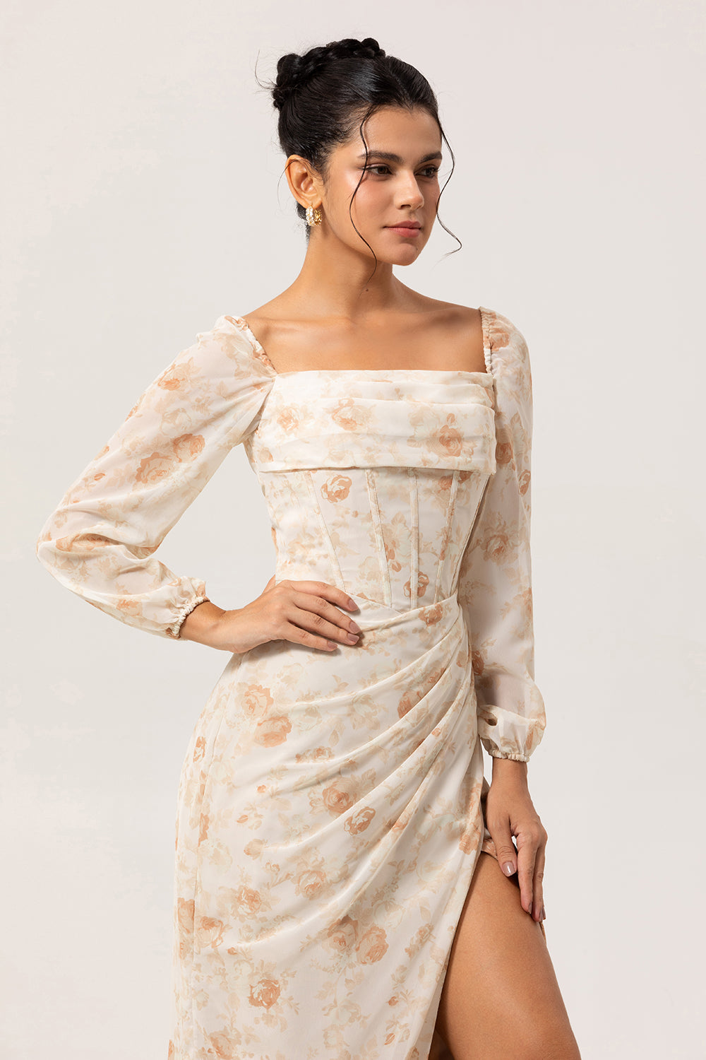 Floral Yellow Corset Sheath Long Wedding Guest Dress with Sleeves