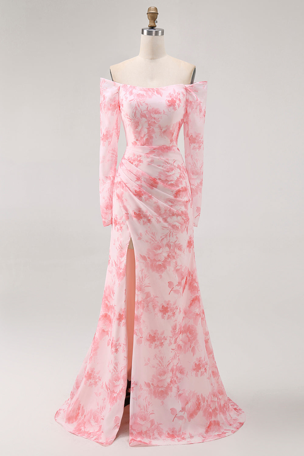 Floral Pink Chiffon Sheath Long Sleeves Wedding Guest Dress with Slit