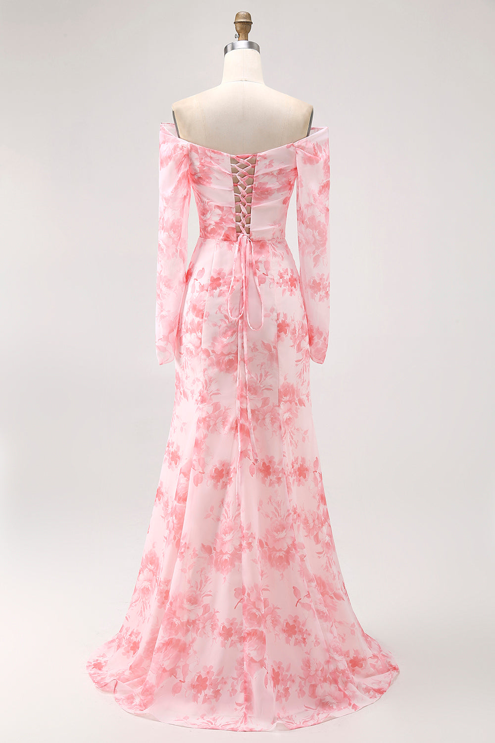 Floral Pink Chiffon Sheath Long Sleeves Wedding Guest Dress with Slit