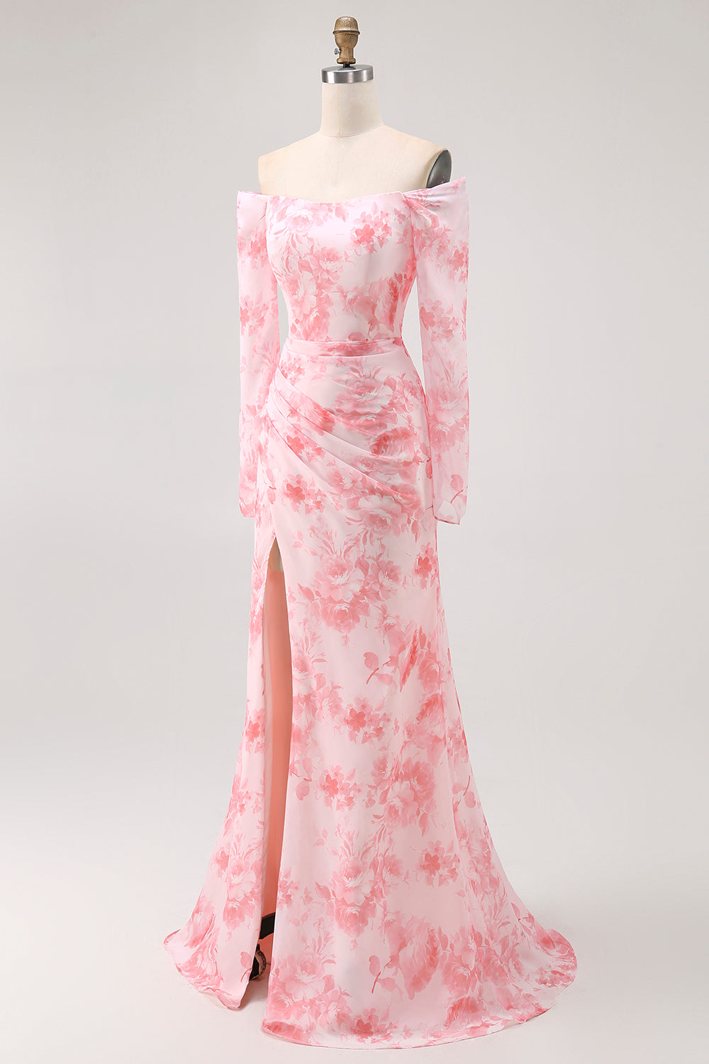 Floral Pink Chiffon Sheath Long Sleeves Wedding Guest Dress with Slit