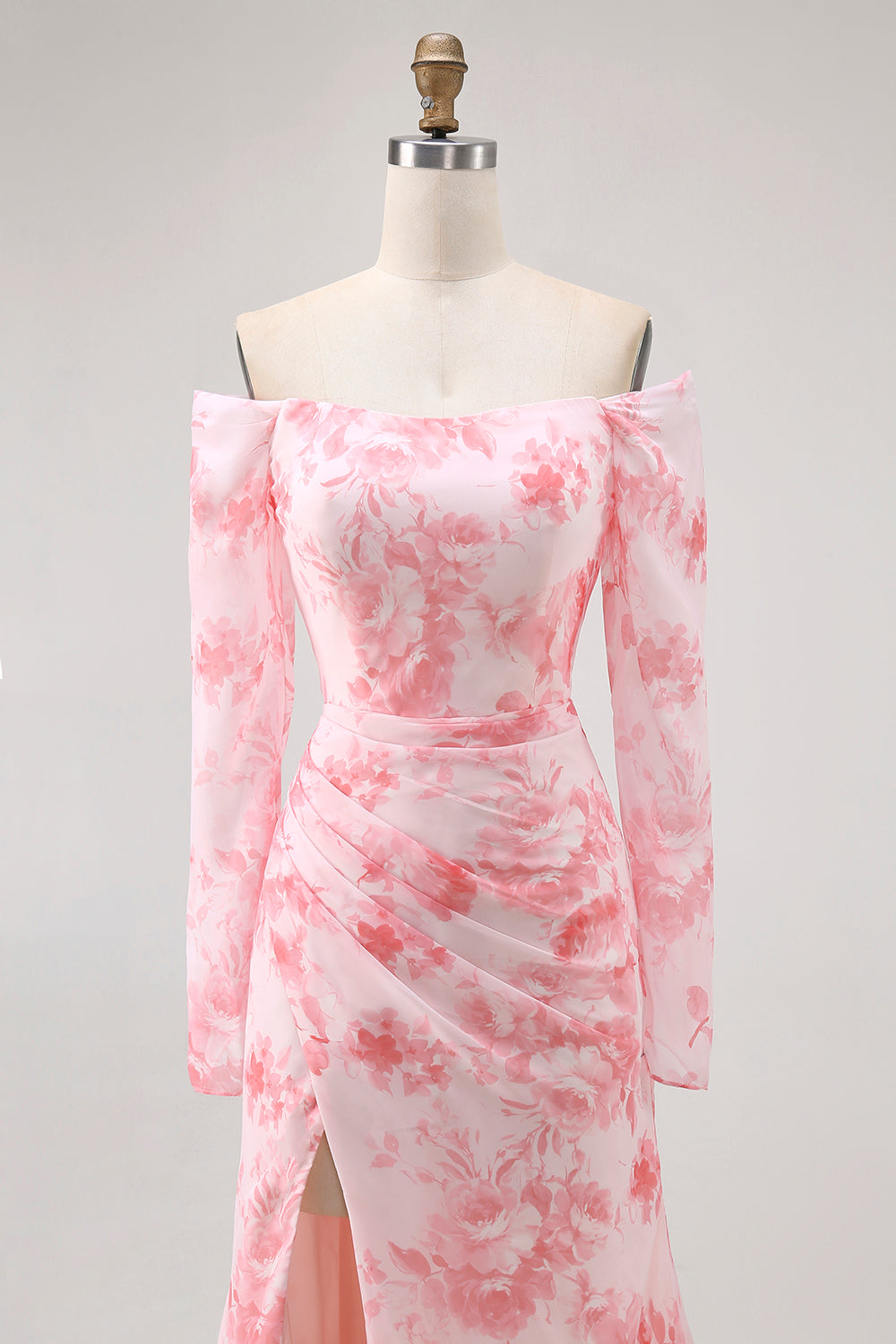 Floral Pink Chiffon Sheath Long Sleeves Wedding Guest Dress with Slit