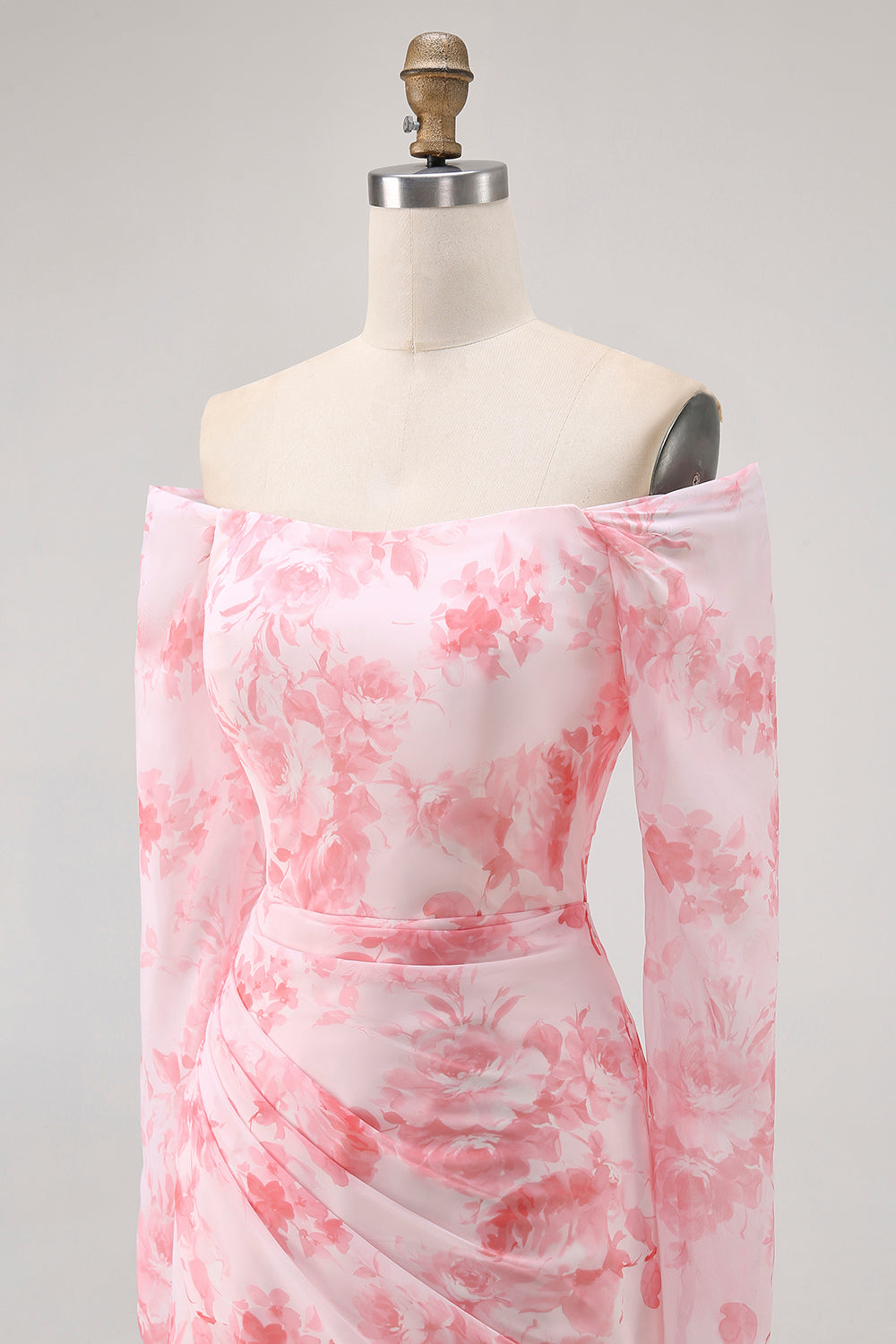 Floral Pink Chiffon Sheath Long Sleeves Wedding Guest Dress with Slit