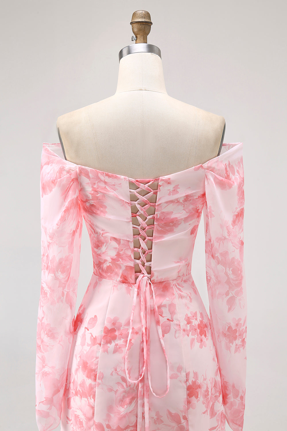 Floral Pink Chiffon Sheath Long Sleeves Wedding Guest Dress with Slit