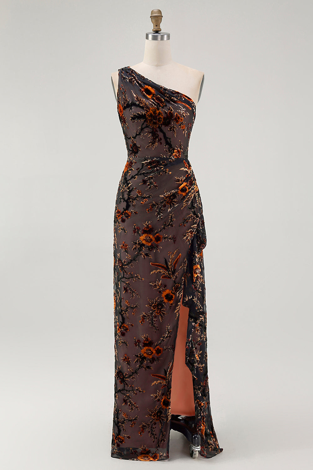 Floral Black Burnout Long Velvet Wedding Guest Dress with Slit