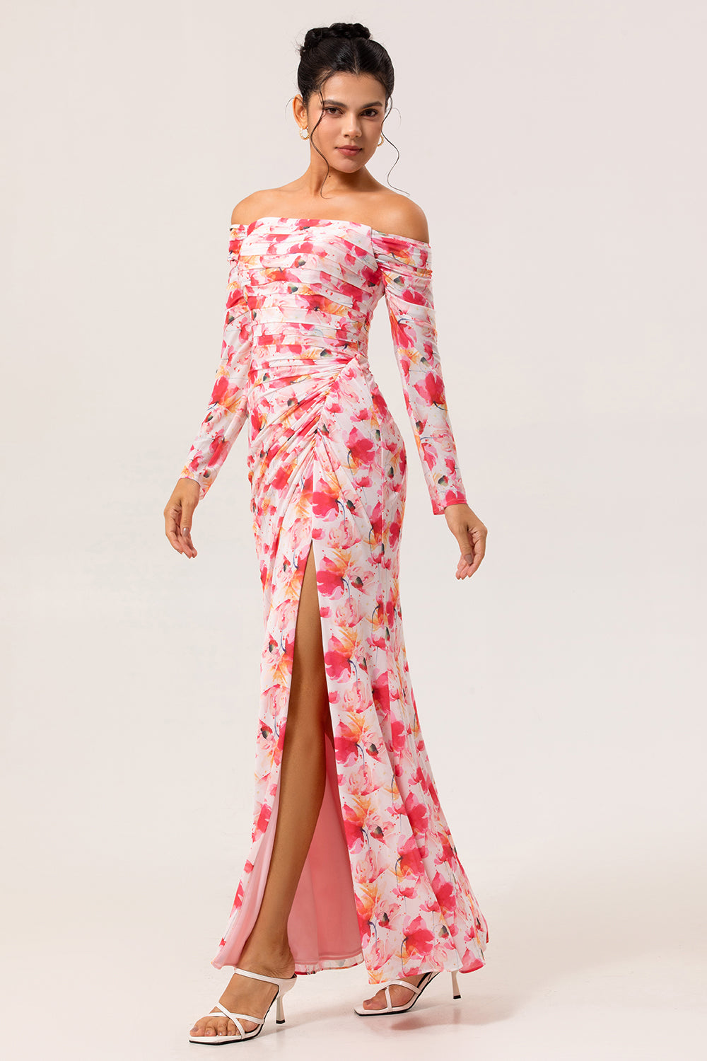 Floral Pink Ruched Long Wedding Guest Dress with Sleeves