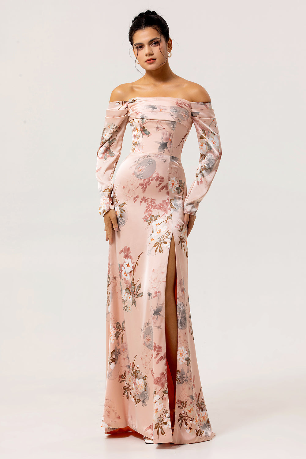 Modest Blush Satin Long Sleeves Floral Wedding Guest Dress with Slit