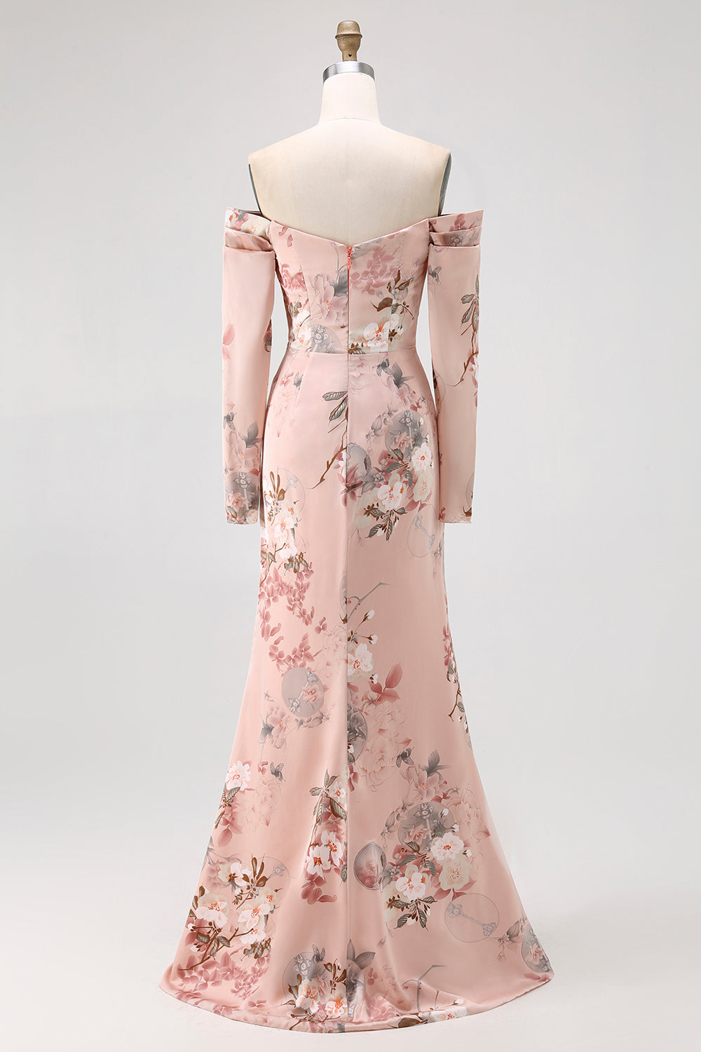 Floral Blush Satin Sheath Off the Shoulder Long Wedding Guest Dress with Slit