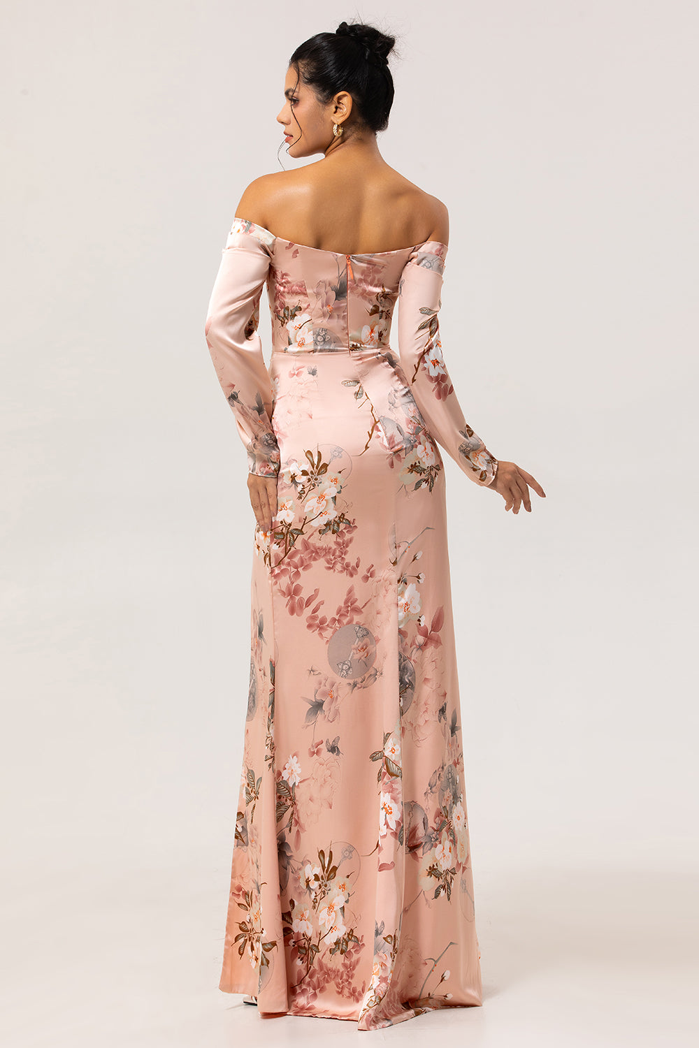 Modest Blush Satin Long Sleeves Floral Wedding Guest Dress with Slit