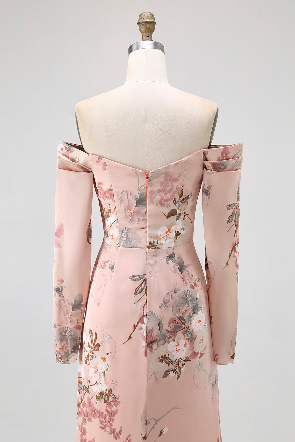 Floral Blush Satin Sheath Off the Shoulder Long Wedding Guest Dress with Slit