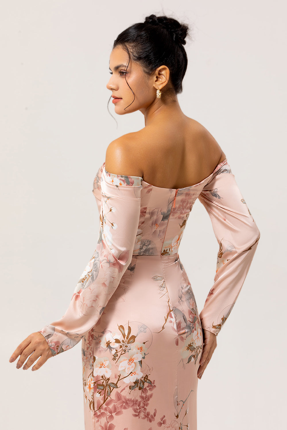 Modest Blush Satin Long Sleeves Floral Wedding Guest Dress with Slit
