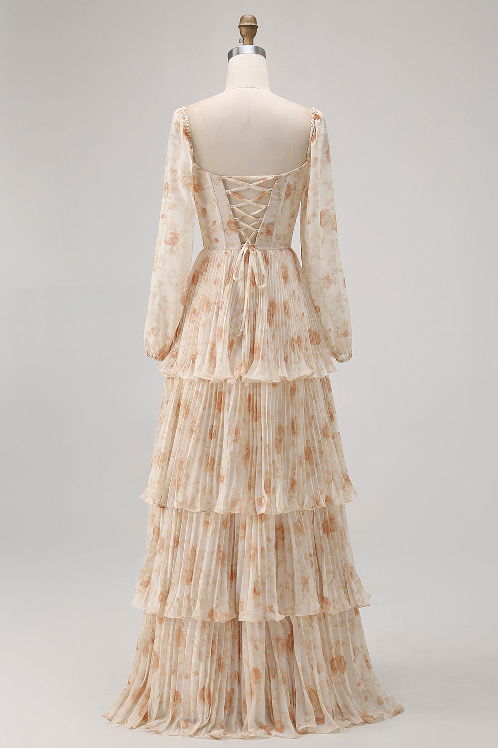 Floral Champagne Tiered Long Corset Wedding Guest Dress with Sleeves