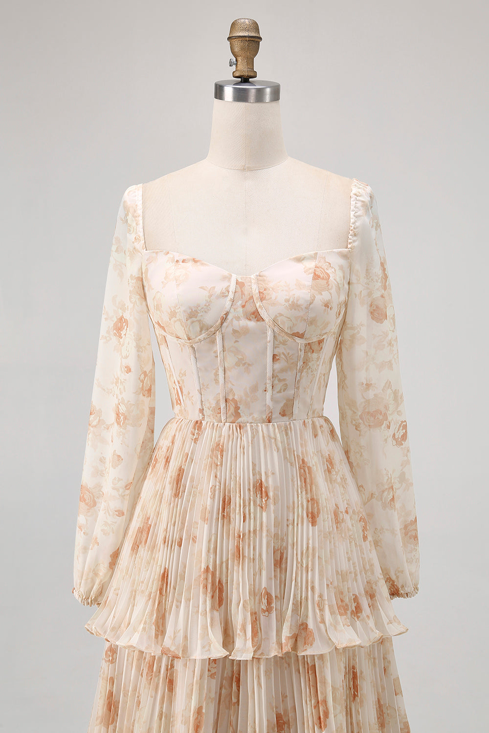 Floral Champagne Tiered Long Corset Wedding Guest Dress with Sleeves