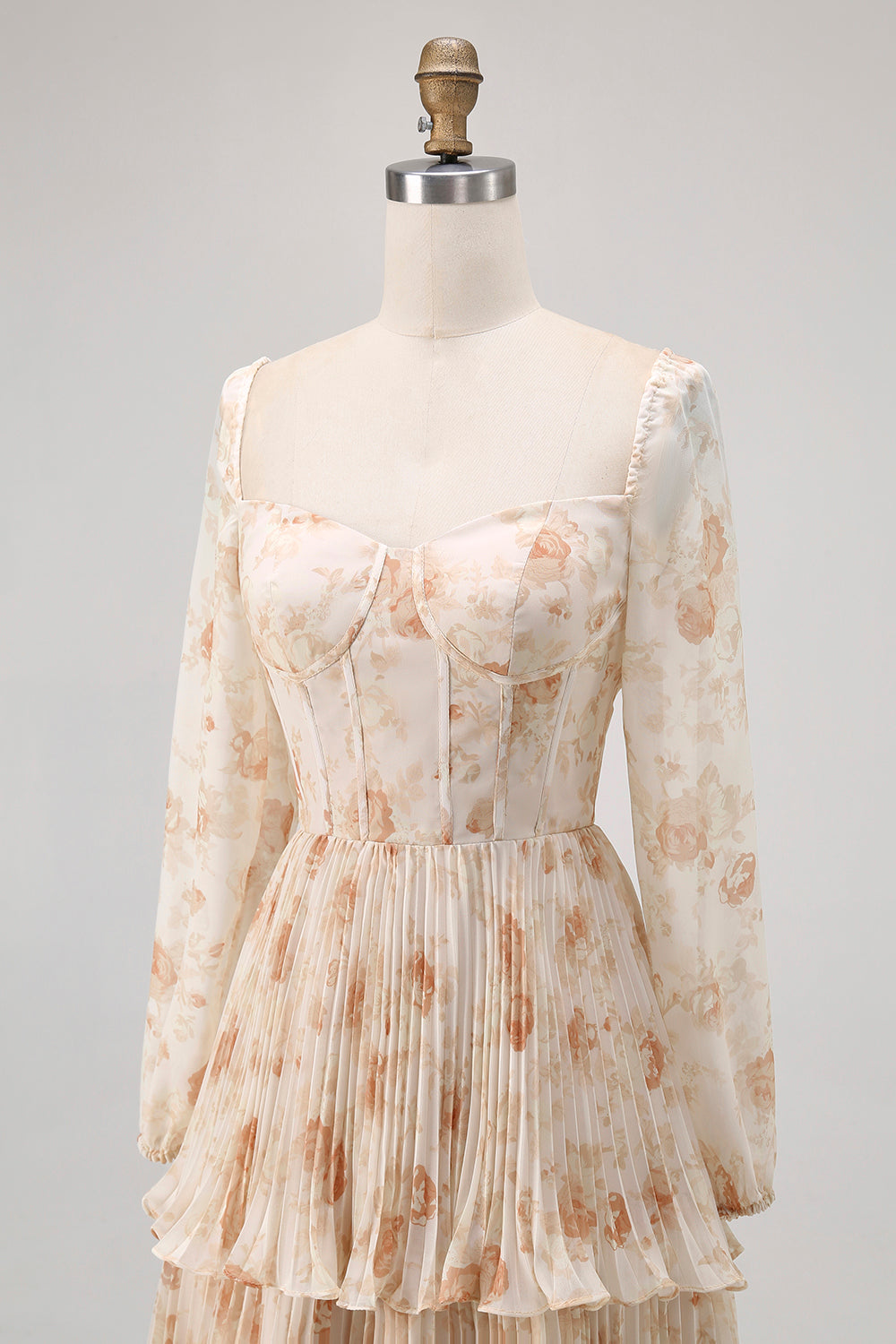 Floral Champagne Tiered Long Corset Wedding Guest Dress with Sleeves