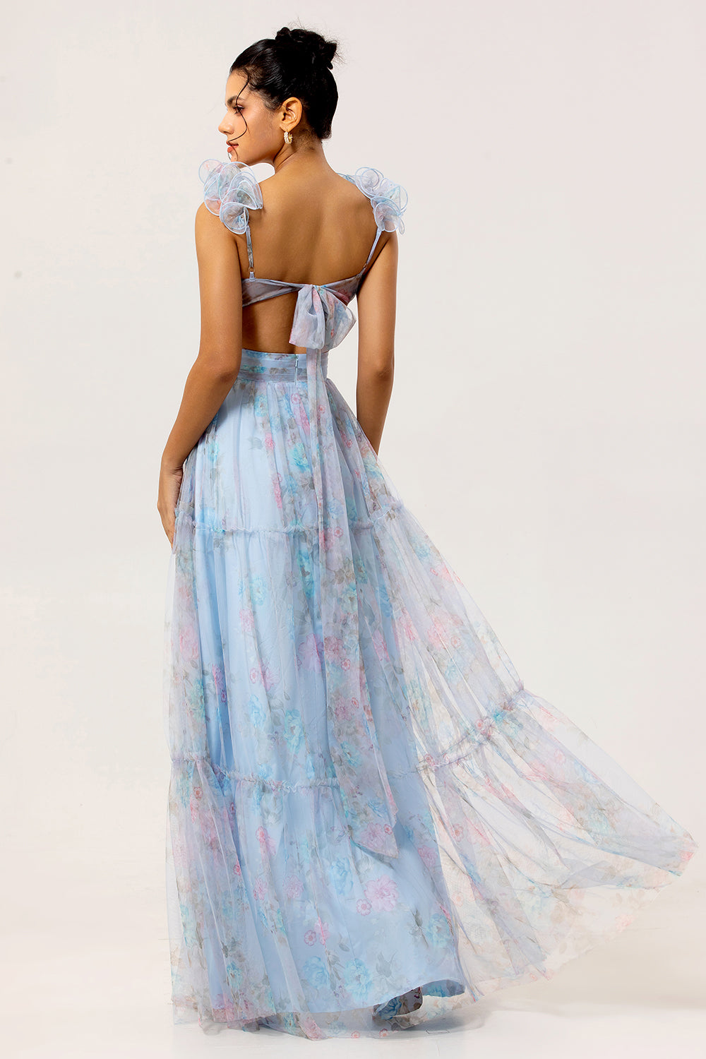 Floral Blue V-Neck A Line Long Wedding Guest Dress with Bow
