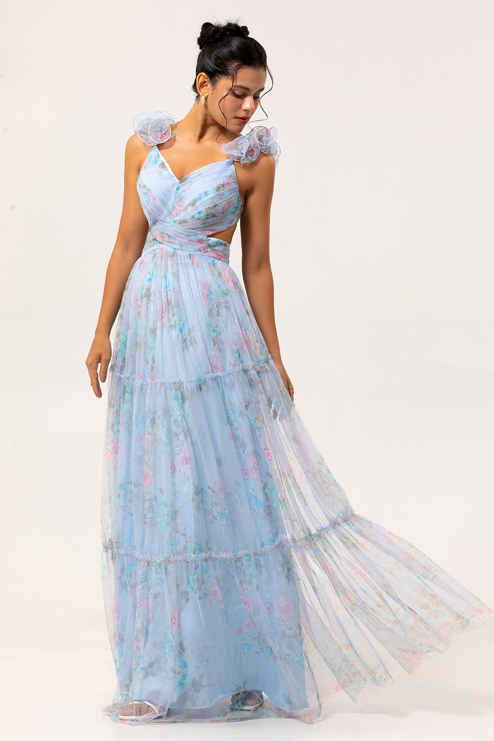 Floral Blue V-Neck A Line Long Wedding Guest Dress with Bow