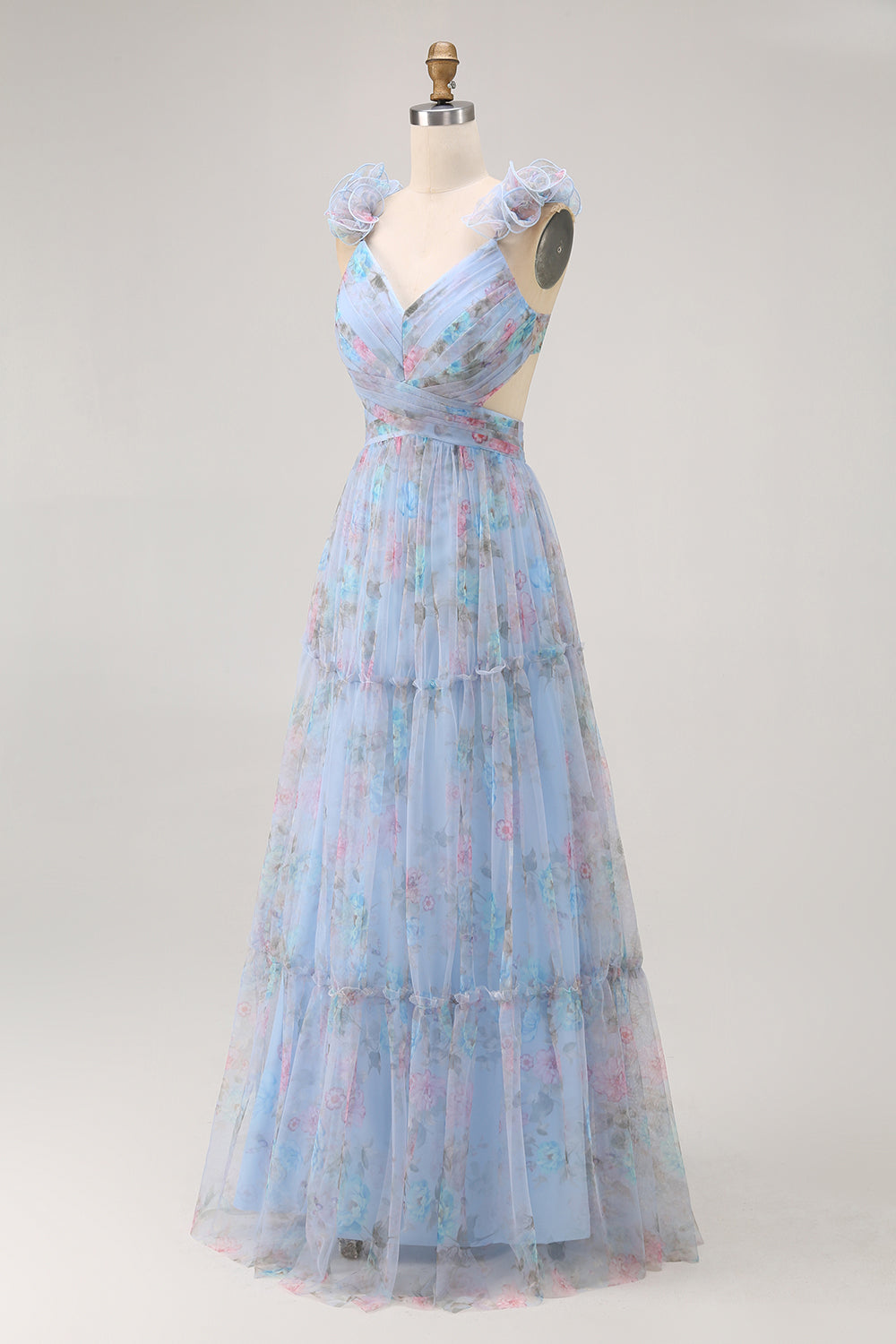 Blue A Line V-Neck Long Floral Wedding Guest Dress with Bow