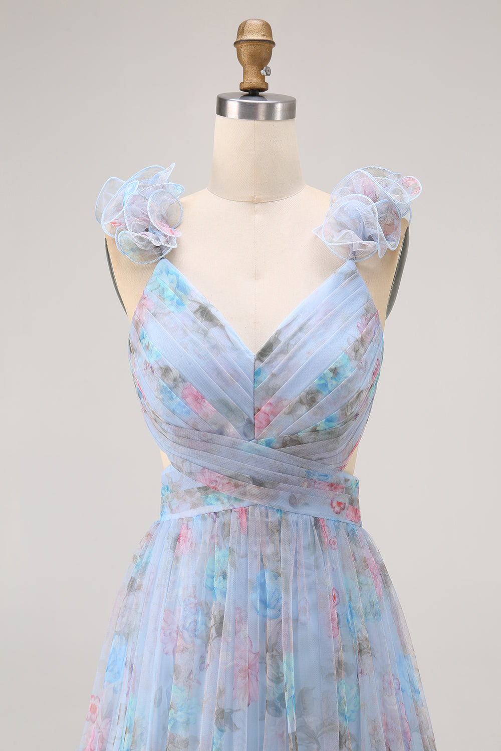 Blue A Line V-Neck Long Floral Wedding Guest Dress with Bow