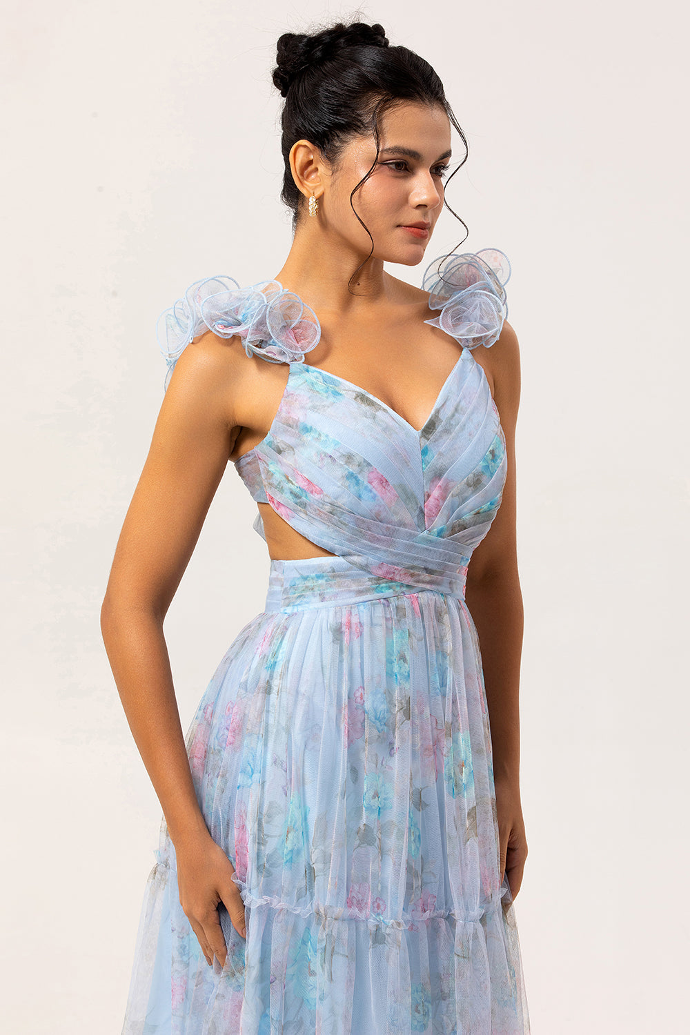Floral Blue V-Neck A Line Long Wedding Guest Dress with Bow