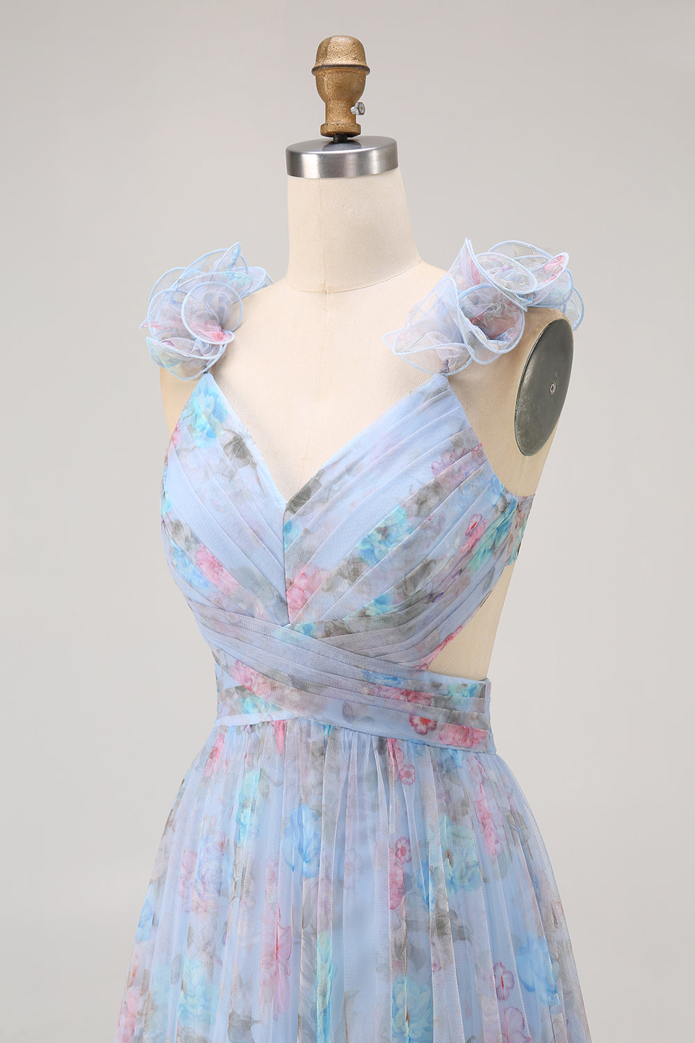 Blue A Line V-Neck Long Floral Wedding Guest Dress with Bow