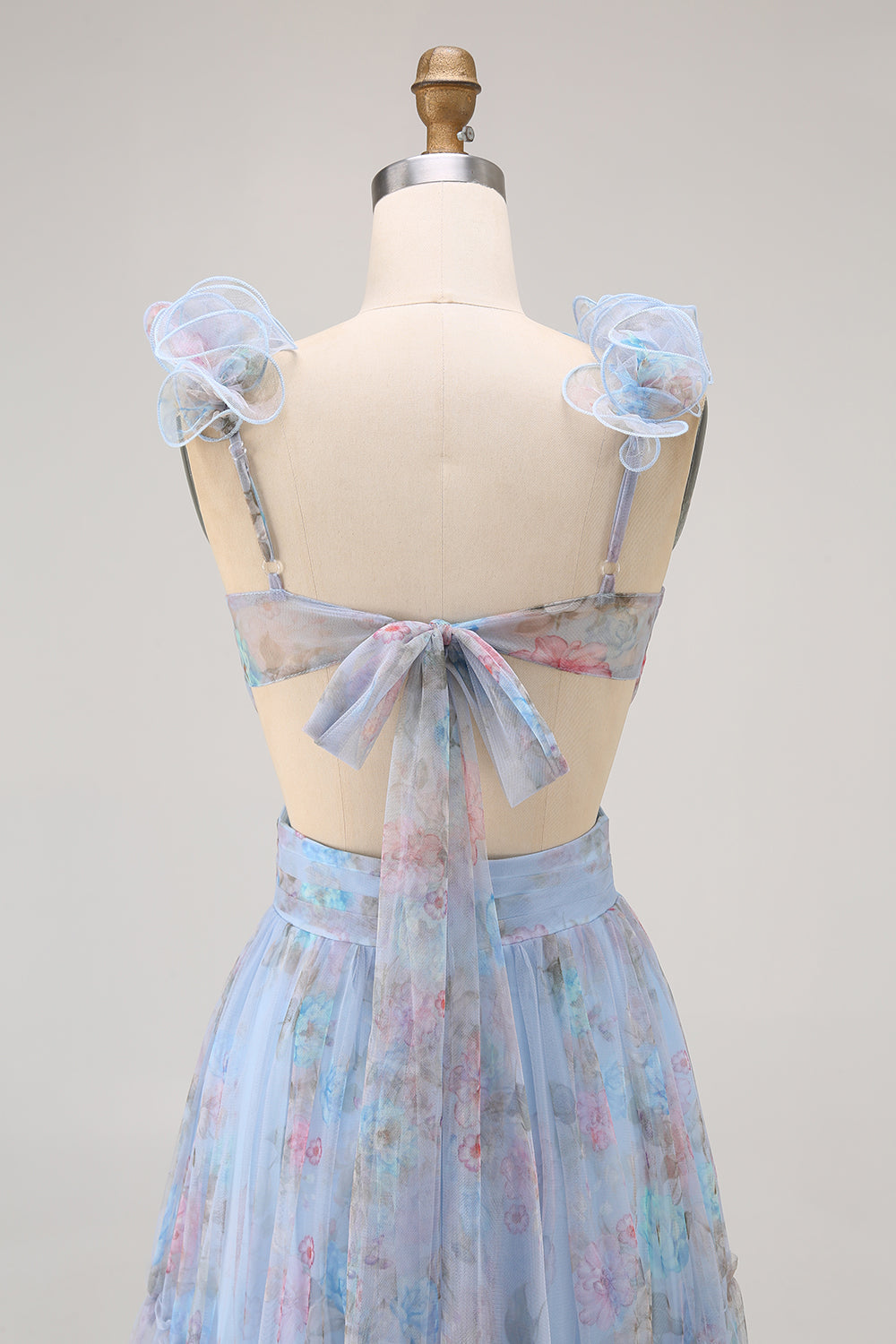 Blue A Line V-Neck Long Floral Wedding Guest Dress with Bow