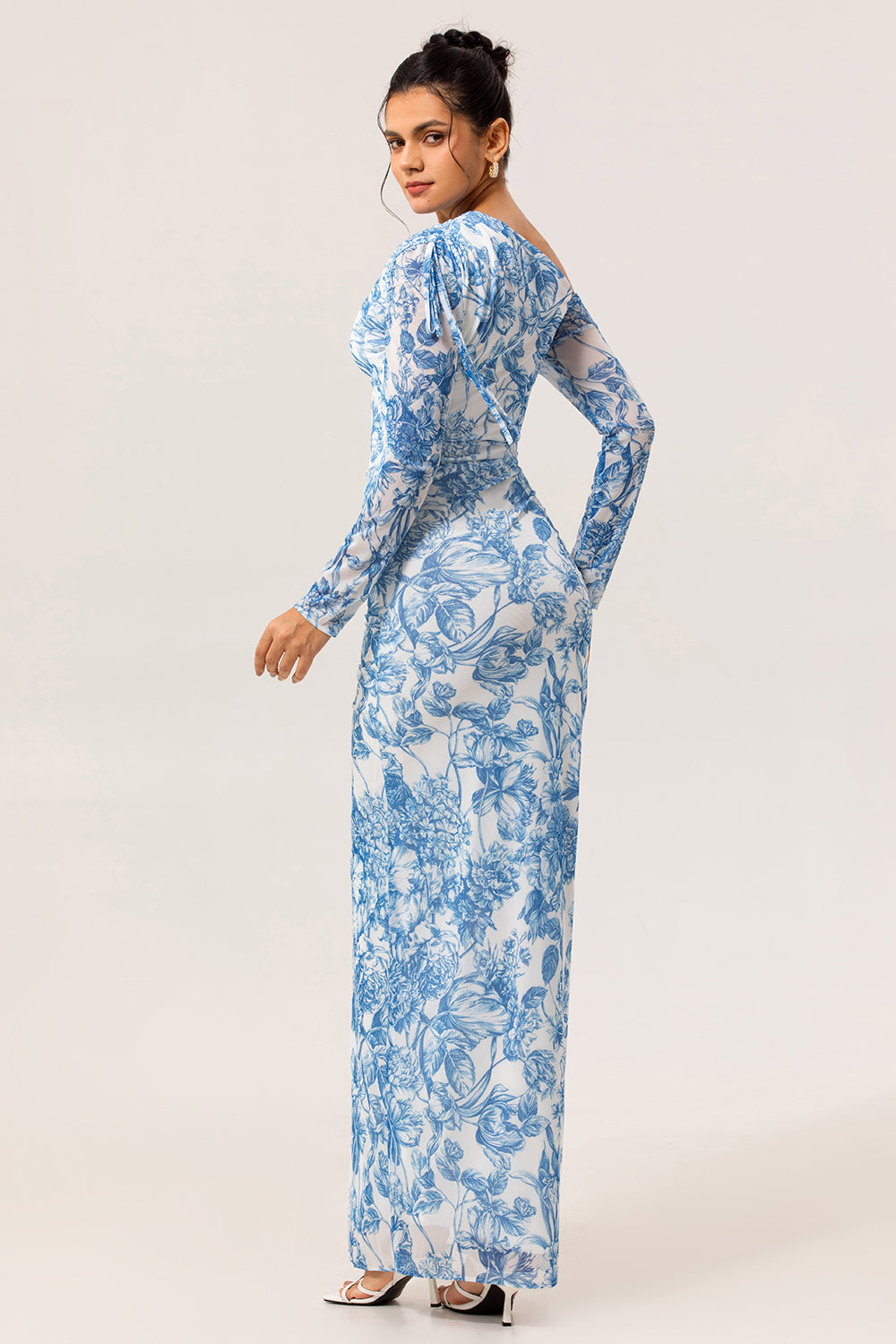 Floral Blue One Shoulder Satin Long Wedding Guest Dress with Slit