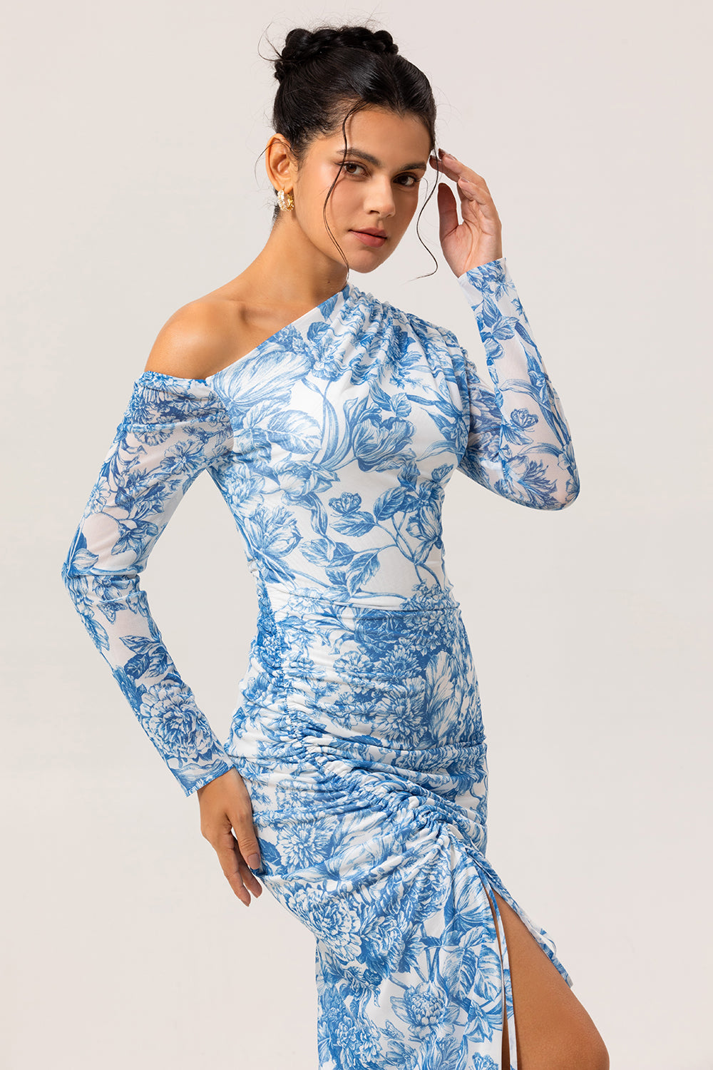 Floral Blue One Shoulder Satin Long Wedding Guest Dress with Slit