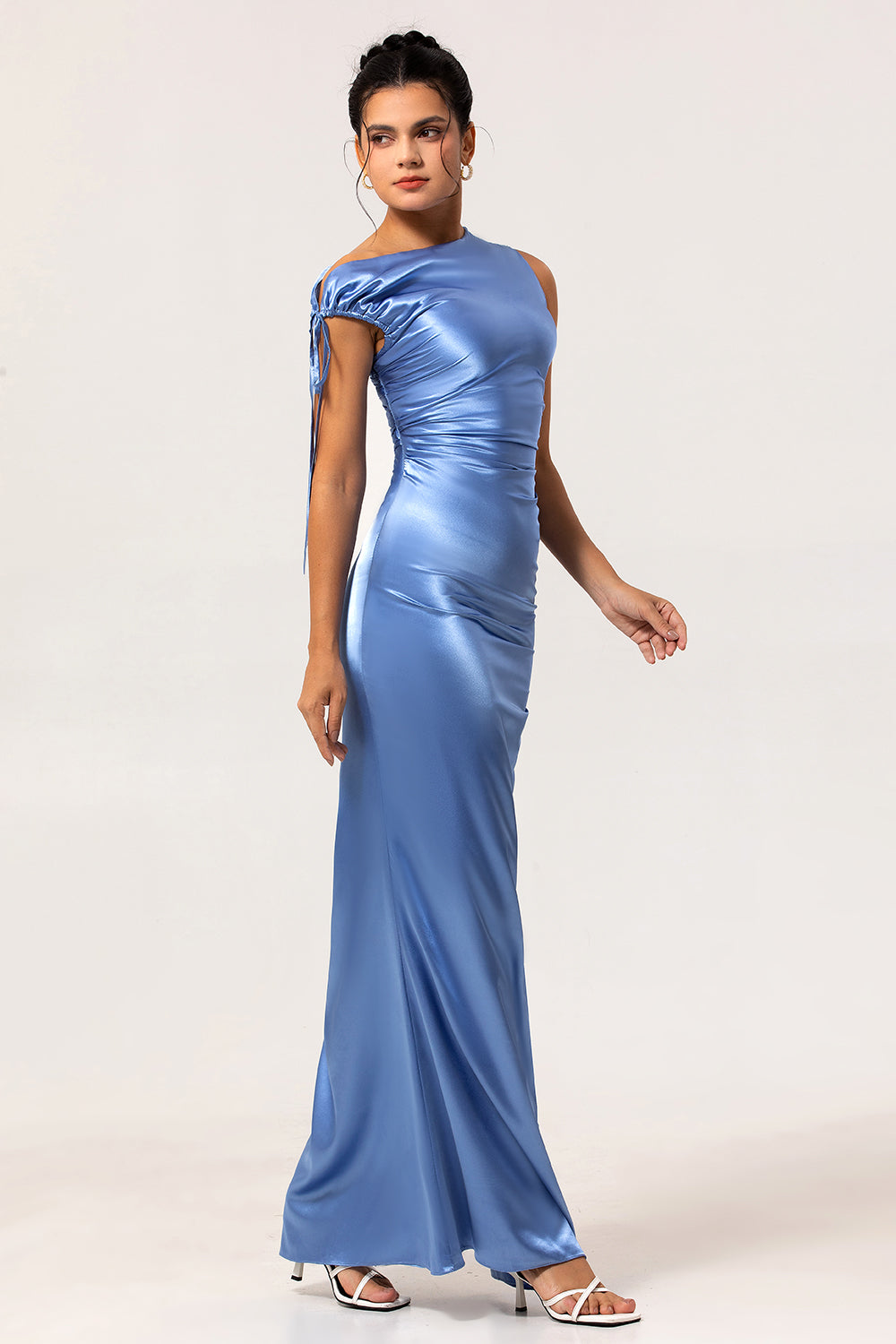 Simple Blue Satin Sheath Long Wedding Guest Dress with Slit